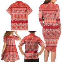 Hawaiian Hibiscus Honu Family Matching Long Sleeve Bodycon Dress and Hawaiian Shirt Red Mele Kalikimaka Palaka Spirit - Polynesian Pride