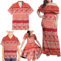 Hawaiian Hibiscus Honu Family Matching Off Shoulder Maxi Dress and Hawaiian Shirt Red Mele Kalikimaka Palaka Spirit - Polynesian Pride