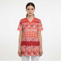 Hawaiian Hibiscus Honu Scrub Top Red Mele Kalikimaka Palaka Spirit - Polynesian Pride