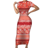 Hawaiian Hibiscus Honu Short Sleeve Bodycon Dress Red Mele Kalikimaka Palaka Spirit - Polynesian Pride