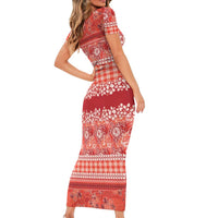 Hawaiian Hibiscus Honu Short Sleeve Bodycon Dress Red Mele Kalikimaka Palaka Spirit - Polynesian Pride