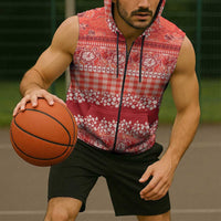 Hawaiian Hibiscus Honu Sleeveless Zip Hoodie Red Mele Kalikimaka Palaka Spirit - Polynesian Pride