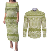Hawaiian Hibiscus Honu Couples Matching Puletasi and Long Sleeve Button Shirt Sage Green Mele Kalikimaka Palaka Spirit - Polynesian Pride