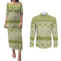 Hawaiian Hibiscus Honu Couples Matching Puletasi and Long Sleeve Button Shirt Sage Green Mele Kalikimaka Palaka Spirit - Polynesian Pride