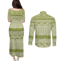 Hawaiian Hibiscus Honu Couples Matching Puletasi and Long Sleeve Button Shirt Sage Green Mele Kalikimaka Palaka Spirit - Polynesian Pride