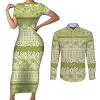 Hawaiian Hibiscus Honu Couples Matching Short Sleeve Bodycon Dress and Long Sleeve Button Shirt Sage Green Mele Kalikimaka Palaka Spirit LT9 Sage Green - Polynesian Pride