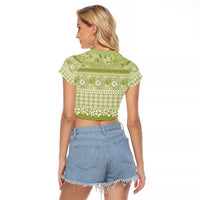 Hawaiian Hibiscus Honu Raglan Cropped T Shirt Sage Green Mele Kalikimaka Palaka Spirit - Polynesian Pride