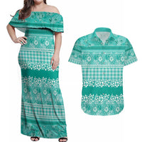 Hawaiian Hibiscus Honu Couples Matching Off Shoulder Maxi Dress and Hawaiian Shirt Turquoise Mele Kalikimaka Palaka Spirit - Polynesian Pride