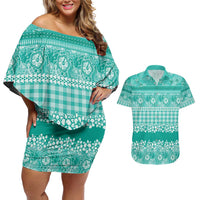 Hawaiian Hibiscus Honu Couples Matching Off Shoulder Short Dress and Hawaiian Shirt Turquoise Mele Kalikimaka Palaka Spirit - Polynesian Pride