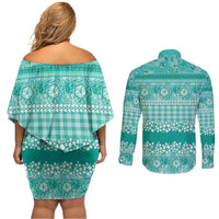 Hawaiian Hibiscus Honu Couples Matching Off Shoulder Short Dress and Long Sleeve Button Shirt Turquoise Mele Kalikimaka Palaka Spirit - Polynesian Pride
