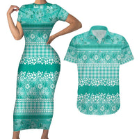Hawaiian Hibiscus Honu Couples Matching Short Sleeve Bodycon Dress and Hawaiian Shirt Turquoise Mele Kalikimaka Palaka Spirit - Polynesian Pride