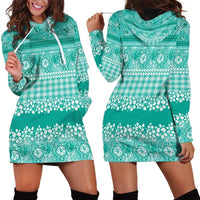 Hawaiian Hibiscus Honu Hoodie Dress Turquoise Mele Kalikimaka Palaka Spirit - Polynesian Pride