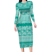 Hawaiian Hibiscus Honu Long Sleeve Bodycon Dress Turquoise Mele Kalikimaka Palaka Spirit - Polynesian Pride