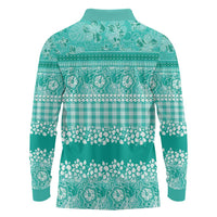 Hawaiian Hibiscus Honu Long Sleeve Polo Shirt Turquoise Mele Kalikimaka Palaka Spirit - Polynesian Pride