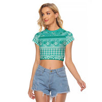 Hawaiian Hibiscus Honu Raglan Cropped T Shirt Turquoise Mele Kalikimaka Palaka Spirit - Polynesian Pride