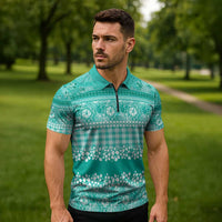 Hawaiian Hibiscus Honu Zipper Polo Shirt Turquoise Mele Kalikimaka Palaka Spirit - Polynesian Pride