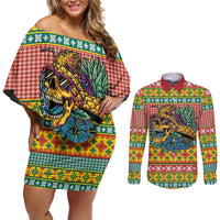 Hawaiian Pineapples Skull Couples Matching Off Shoulder Short Dress and Long Sleeve Button Shirt Mele Kalikimaka Palaka Quilt Pattern - Polynesian Pride