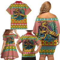 Hawaiian Pineapples Skull Family Matching Off Shoulder Short Dress and Hawaiian Shirt Mele Kalikimaka Palaka Quilt Pattern - Polynesian Pride