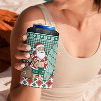 Hawaiian Funny Santa Surf 4 in 1 Can Cooler Tumbler Mele Kalikimaka Palaka Quilt Pattern - Polynesian Pride