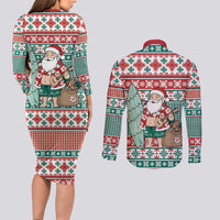 Hawaiian Funny Santa Surf Couples Matching Long Sleeve Bodycon Dress and Long Sleeve Button Shirt Mele Kalikimaka Palaka Quilt Pattern - Polynesian Pride
