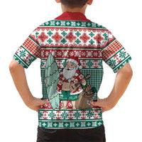 Hawaiian Funny Santa Surf Family Matching Off The Shoulder Long Sleeve Dress and Hawaiian Shirt Mele Kalikimaka Palaka Quilt Pattern - Polynesian Pride