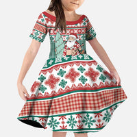 Hawaiian Funny Santa Surf Family Matching Off Shoulder Short Dress and Hawaiian Shirt Mele Kalikimaka Palaka Quilt Pattern LT9 Daughter's Dress Green - Polynesian Pride