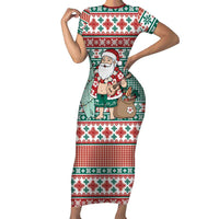 Hawaiian Funny Santa Surf Short Sleeve Bodycon Dress Mele Kalikimaka Palaka Quilt Pattern LT9 Long Dress Green - Polynesian Pride