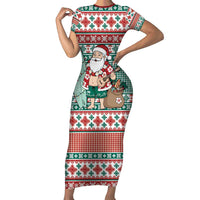 Hawaiian Funny Santa Surf Short Sleeve Bodycon Dress Mele Kalikimaka Palaka Quilt Pattern - Polynesian Pride