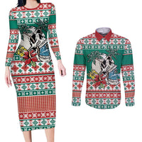 Hawaiian Skull Surfs Couples Matching Long Sleeve Bodycon Dress and Long Sleeve Button Shirt Mele Kalikimaka Palaka Quilt Pattern - Polynesian Pride