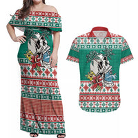 Hawaiian Skull Surfs Couples Matching Off Shoulder Maxi Dress and Hawaiian Shirt Mele Kalikimaka Palaka Quilt Pattern - Polynesian Pride
