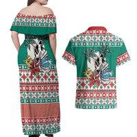 Hawaiian Skull Surfs Couples Matching Off Shoulder Maxi Dress and Hawaiian Shirt Mele Kalikimaka Palaka Quilt Pattern - Polynesian Pride