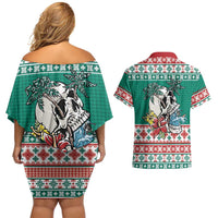 Hawaiian Skull Surfs Couples Matching Off Shoulder Short Dress and Hawaiian Shirt Mele Kalikimaka Palaka Quilt Pattern - Polynesian Pride