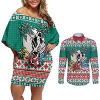 Hawaiian Skull Surfs Couples Matching Off Shoulder Short Dress and Long Sleeve Button Shirt Mele Kalikimaka Palaka Quilt Pattern - Polynesian Pride