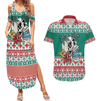 Hawaiian Skull Surfs Couples Matching Summer Maxi Dress and Hawaiian Shirt Mele Kalikimaka Palaka Quilt Pattern - Polynesian Pride