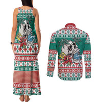 Hawaiian Skull Surfs Couples Matching Tank Maxi Dress and Long Sleeve Button Shirt Mele Kalikimaka Palaka Quilt Pattern - Polynesian Pride