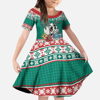 Hawaiian Skull Surfs Family Matching Off Shoulder Maxi Dress and Hawaiian Shirt Mele Kalikimaka Palaka Quilt Pattern LT9 Daughter's Dress Green - Polynesian Pride