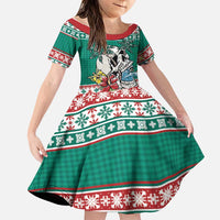 Hawaiian Skull Surfs Family Matching Short Sleeve Bodycon Dress and Hawaiian Shirt Mele Kalikimaka Palaka Quilt Pattern LT9 Daughter's Dress Green - Polynesian Pride