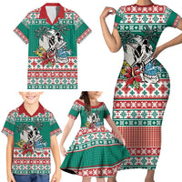 Hawaiian Skull Surfs Family Matching Short Sleeve Bodycon Dress and Hawaiian Shirt Mele Kalikimaka Palaka Quilt Pattern - Polynesian Pride