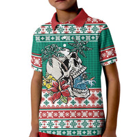 Hawaiian Skull Surfs Kid Polo Shirt Mele Kalikimaka Palaka Quilt Pattern LT9 Kid Green - Polynesian Pride