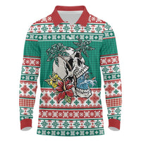Hawaiian Skull Surfs Long Sleeve Polo Shirt Mele Kalikimaka Palaka Quilt Pattern - Polynesian Pride
