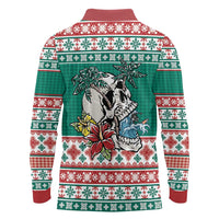 Hawaiian Skull Surfs Long Sleeve Polo Shirt Mele Kalikimaka Palaka Quilt Pattern - Polynesian Pride