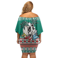 Hawaiian Skull Surfs Off Shoulder Short Dress Mele Kalikimaka Palaka Quilt Pattern - Polynesian Pride