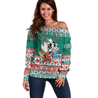 Hawaiian Skull Surfs Off Shoulder Sweater Mele Kalikimaka Palaka Quilt Pattern - Polynesian Pride