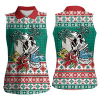 Hawaiian Skull Surfs Women Sleeveless Polo Shirt Mele Kalikimaka Palaka Quilt Pattern - Polynesian Pride