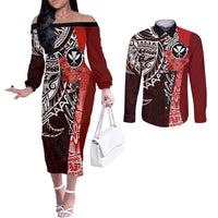 Aloha Vintage Hawaii Tribal Couples Matching Off The Shoulder Long Sleeve Dress and Long Sleeve Button Shirt Red Style LT9 Red - Polynesian Pride