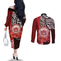 Aloha Vintage Hawaii Tribal Couples Matching Off The Shoulder Long Sleeve Dress and Long Sleeve Button Shirt Red Style LT9 - Polynesian Pride