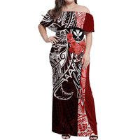 Aloha Vintage Hawaii Tribal Off Shoulder Maxi Dress Red Style LT9 Women Red - Polynesian Pride
