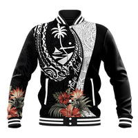 Hafa Adai Guam Baseball Jacket Tropical Flowers with Polynesian Pattern LT9 Unisex Black - Polynesian Pride