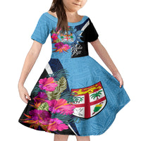 Bula Fiji Vintage Fijian Masi Pattern Family Matching Long Sleeve Bodycon Dress and Hawaiian Shirt Blue Unique LT9 Daughter's Dress Blue - Polynesian Pride