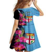 Bula Fiji Vintage Fijian Masi Pattern Kid Short Sleeve Dress Blue Unique LT9 - Polynesian Pride
